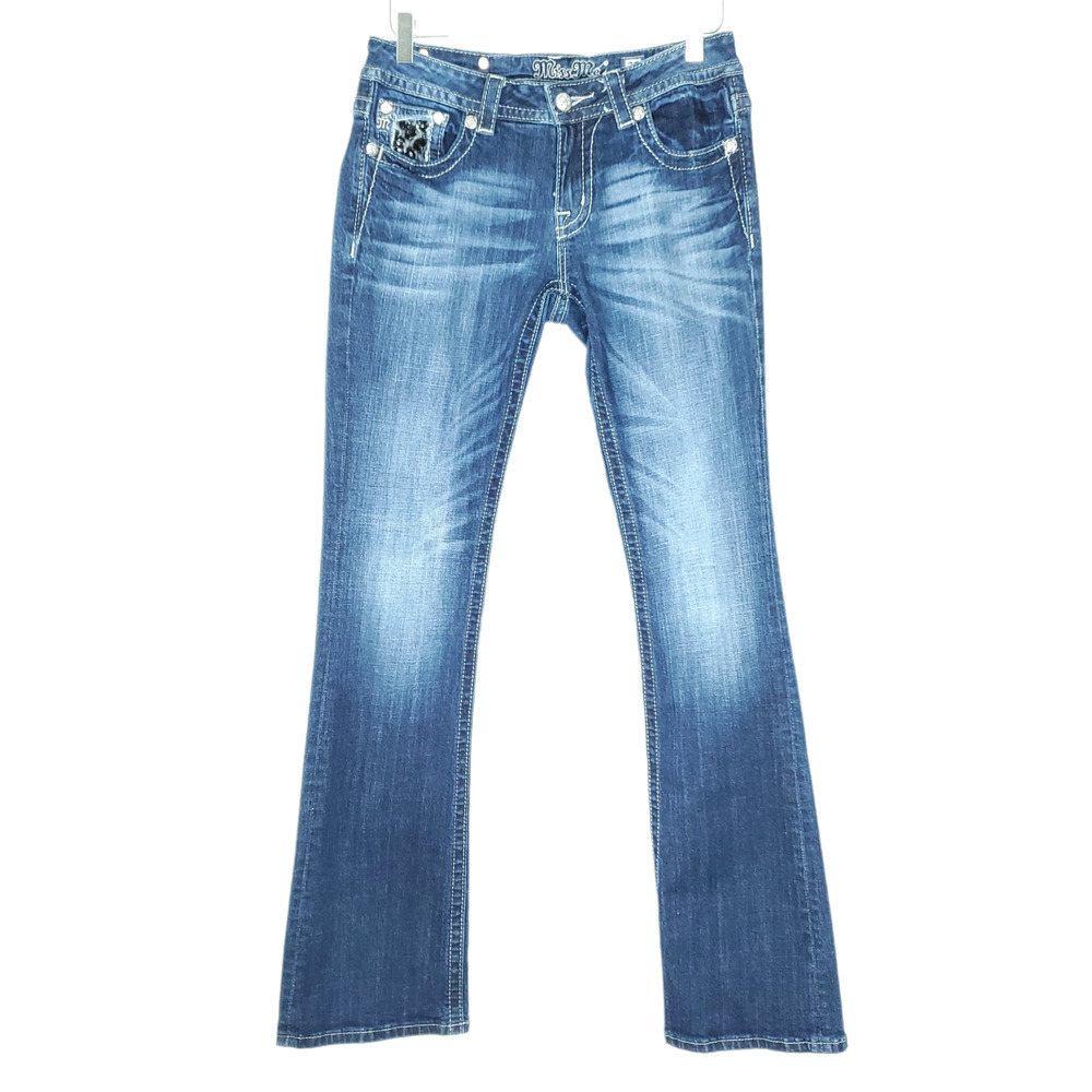 Miss Me Embellished Boot cut Jeans 29 Blue Sandblasted Lace Sequin Mid Rise